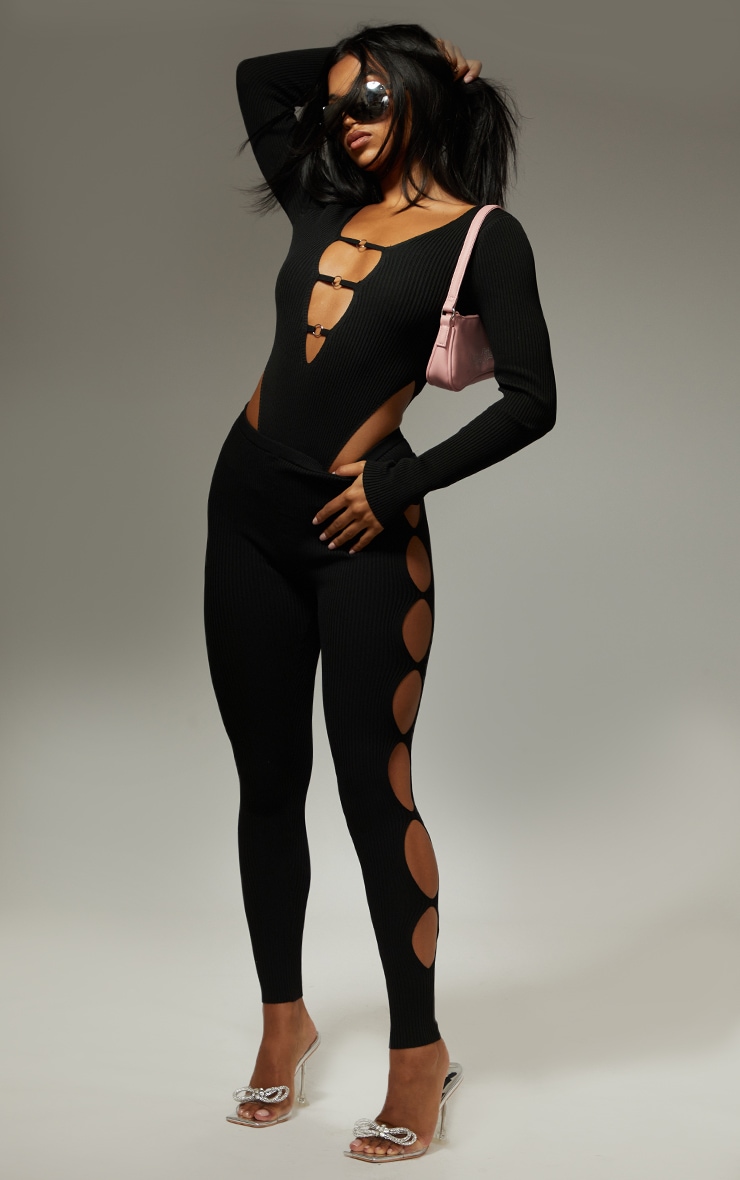 Black Cut Out Ring Rib Knit Bodysuit image 3