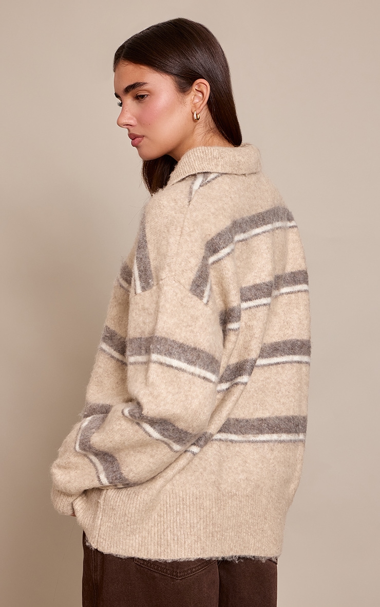 Taupe Striped Brushed Knit Oversized Rugby Style Sweater image 2