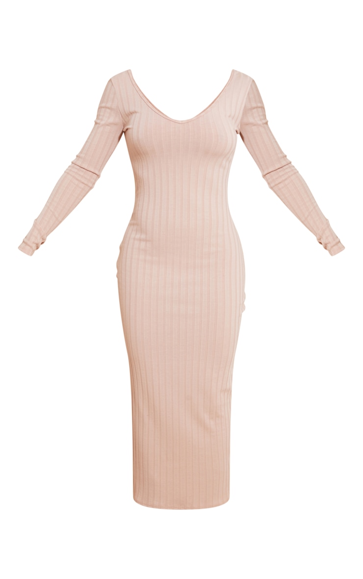 Stone Wide Rib V Neck Long Sleeve Midaxi Dress image 2