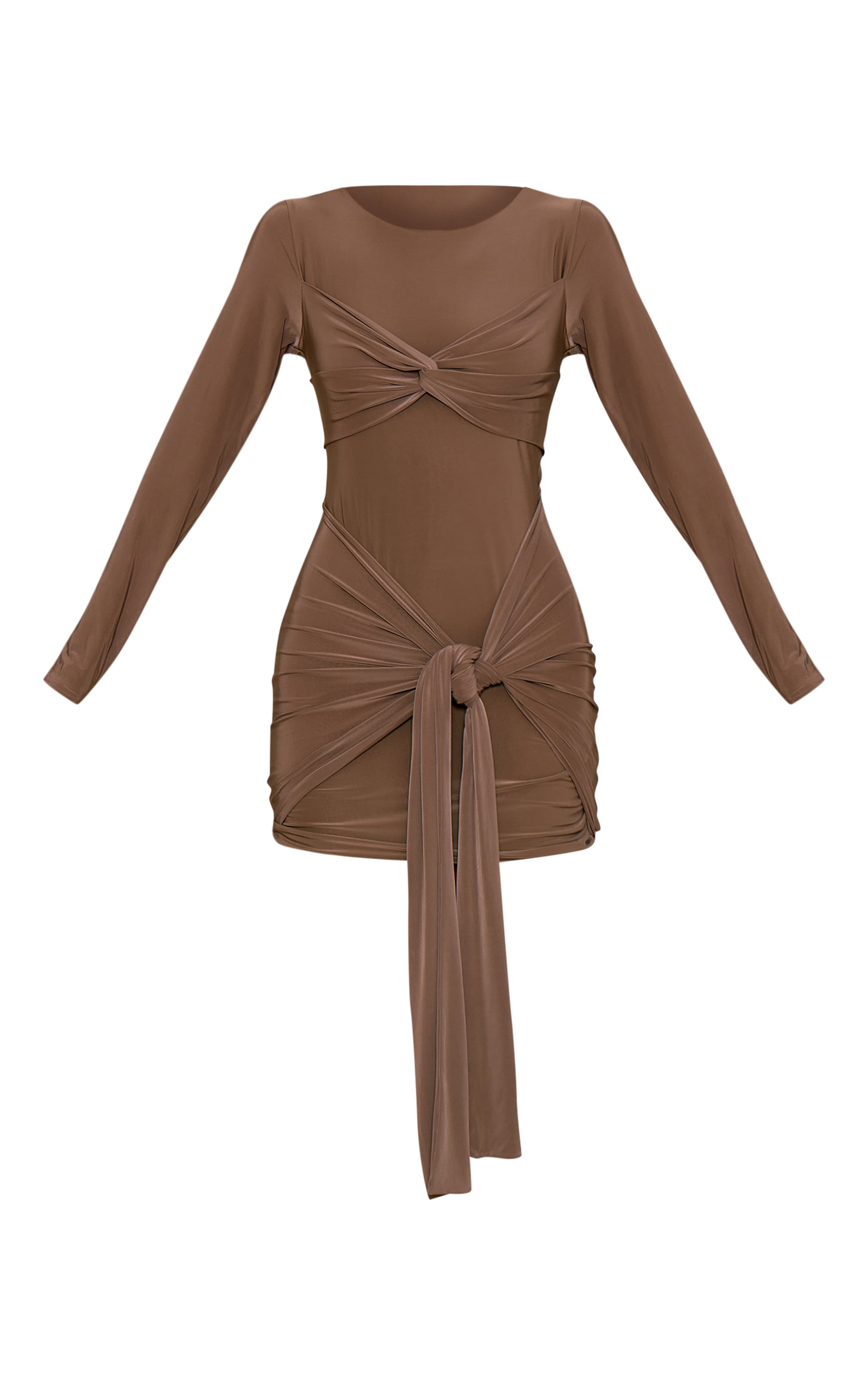 Mushroom Slinky Long Sleeve Wrap Twist Detail Mini Dress image 5