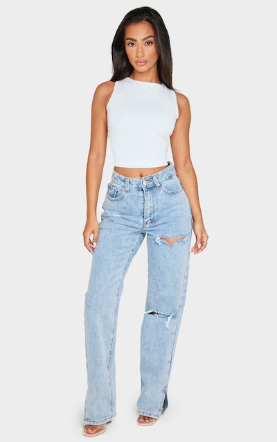 Petite Bleach Wash Ripped Split Hem Jeans