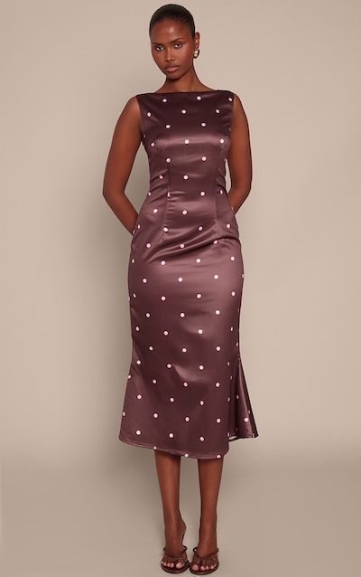 Brown Polka Dot Satin Boat Neck Fishtail Midaxi Dress