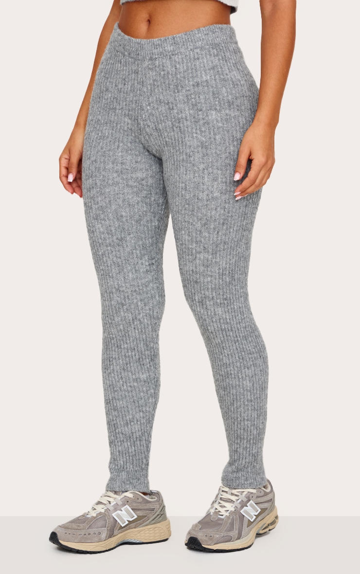 Petite Grey Marl Rib Knit Leggings image 2