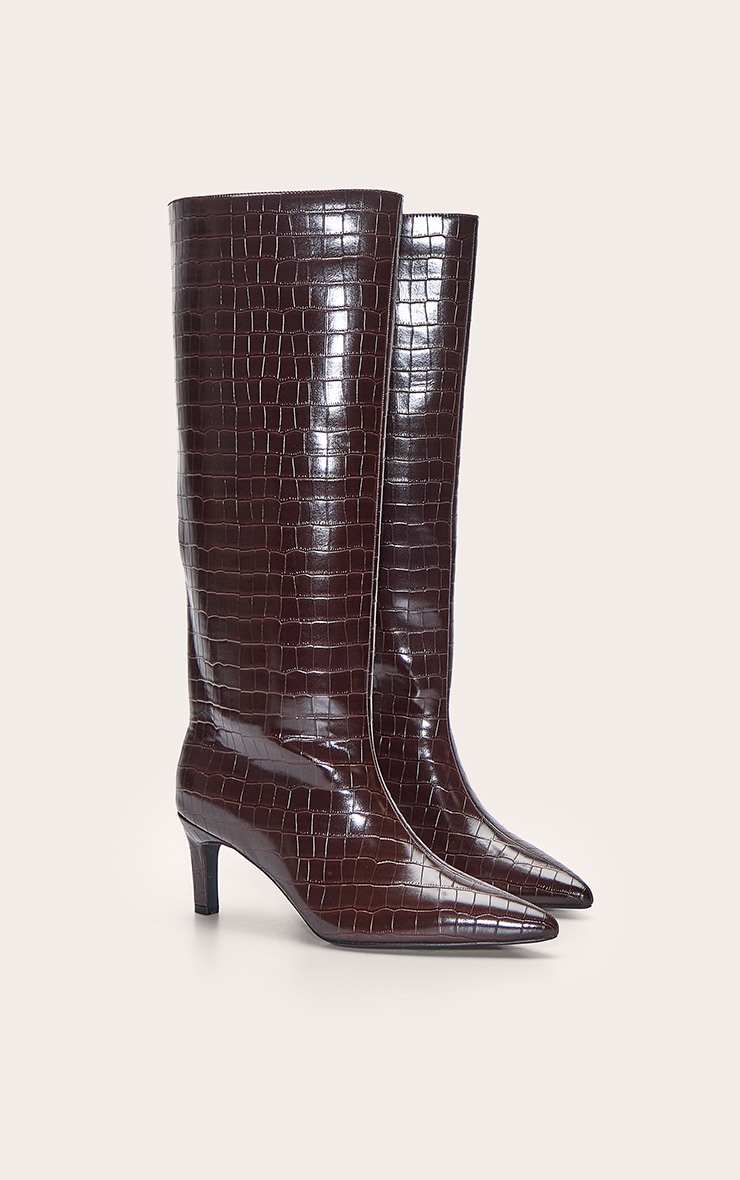 Chocolate Croc Kitten Heel Knee High Boot image 3