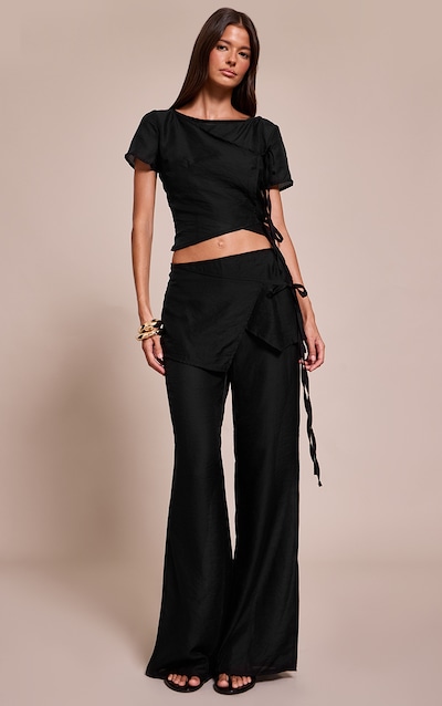 Navy Sheer Organza Tie Detail Straight Leg Pants