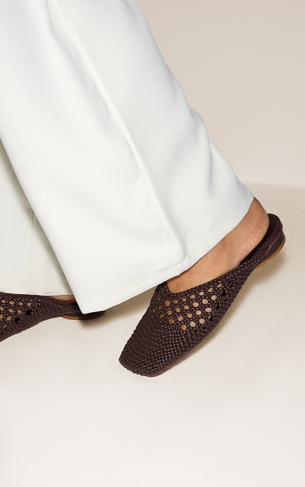 Chocolate Pu Square Toe Woven Flats