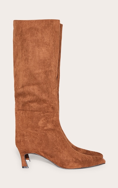 Bottes hautes en suédine chocolat à talon moyen et bout pointu