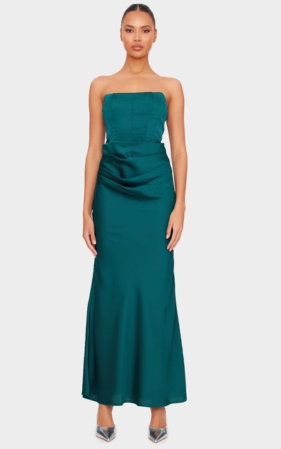 Emerald Green Satin Corset Detail Draped Maxi Dress