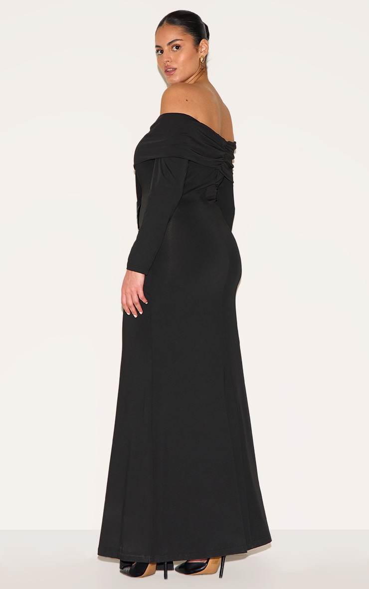 Plus Black Bardot Long Sleeve Trim Drape Detail Maxi Dress image 2