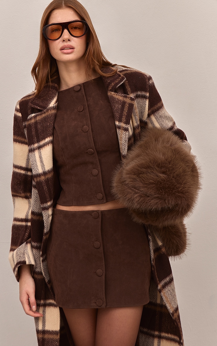 Dark Brown Faux Suede Button Through Mini Skirt image 1