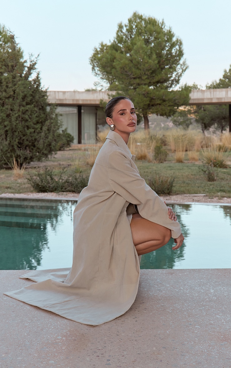 Ecru Suede Longline Button Coat image 7