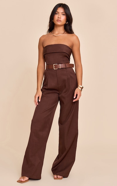 Chocolate Woven Bandeau Belted Wide Leg Jumpsuit