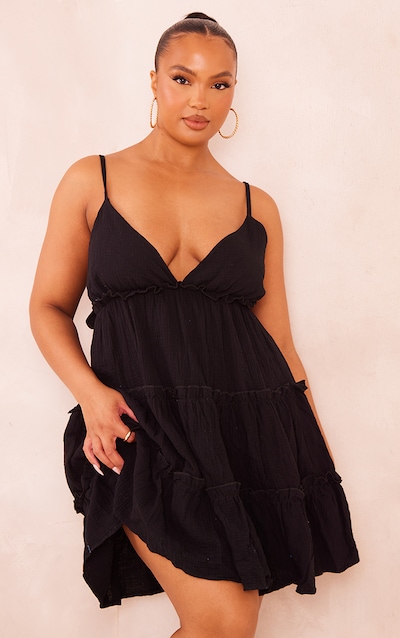 Plus Black Tiered Cheesecloth Shift Dress