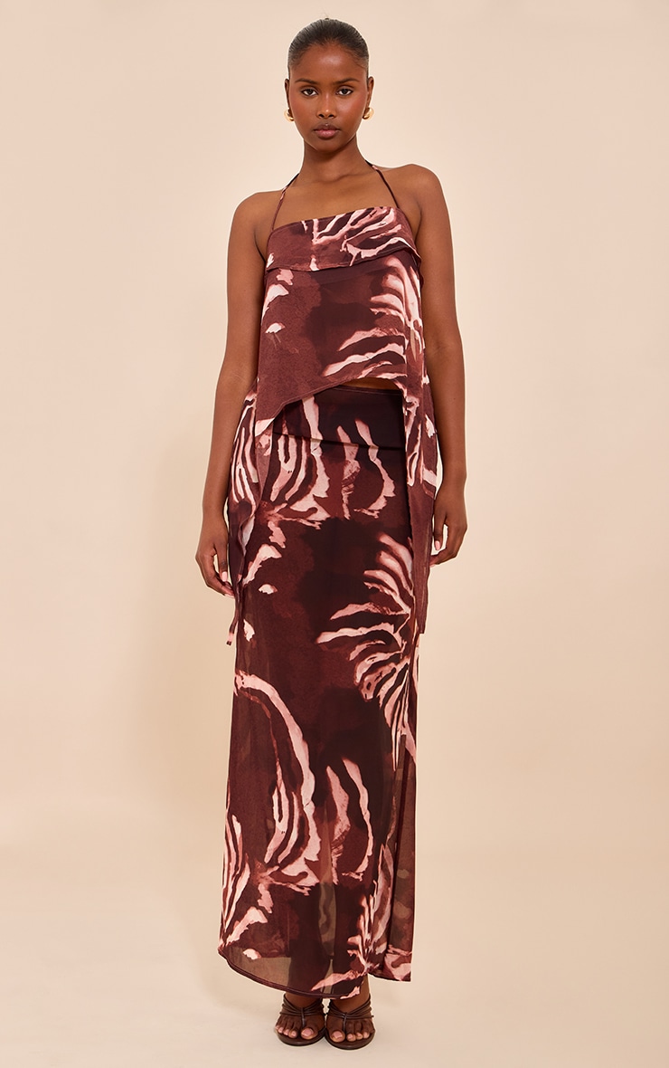 Brown Chiffon Floral Mid Rise Maxi Skirt image 1