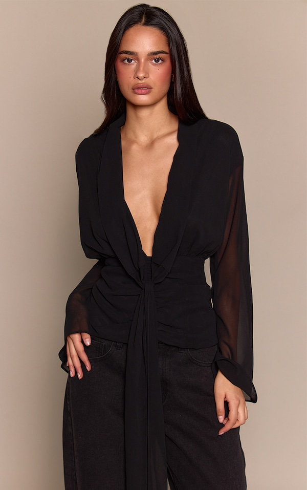 Black Chiffon Cinched Drape Detail Blouse