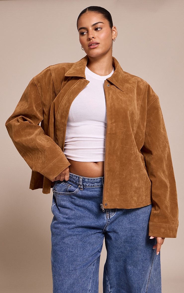 Plus Tan Faux Suede Concealed Placket Bomber Jacket image 1