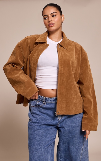 Plus Tan Faux Suede Concealed Placket Bomber Jacket