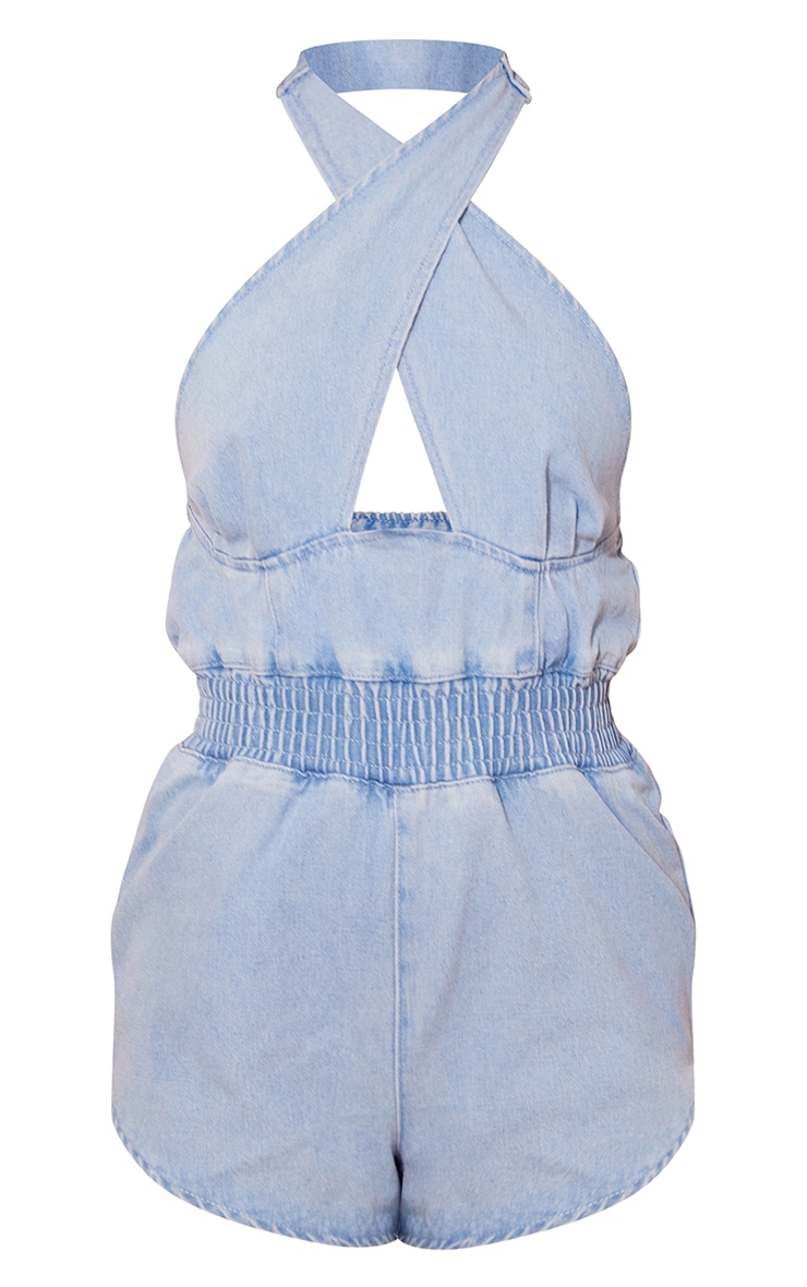 Light Blue Wash Cross Front Denim Romper image 5