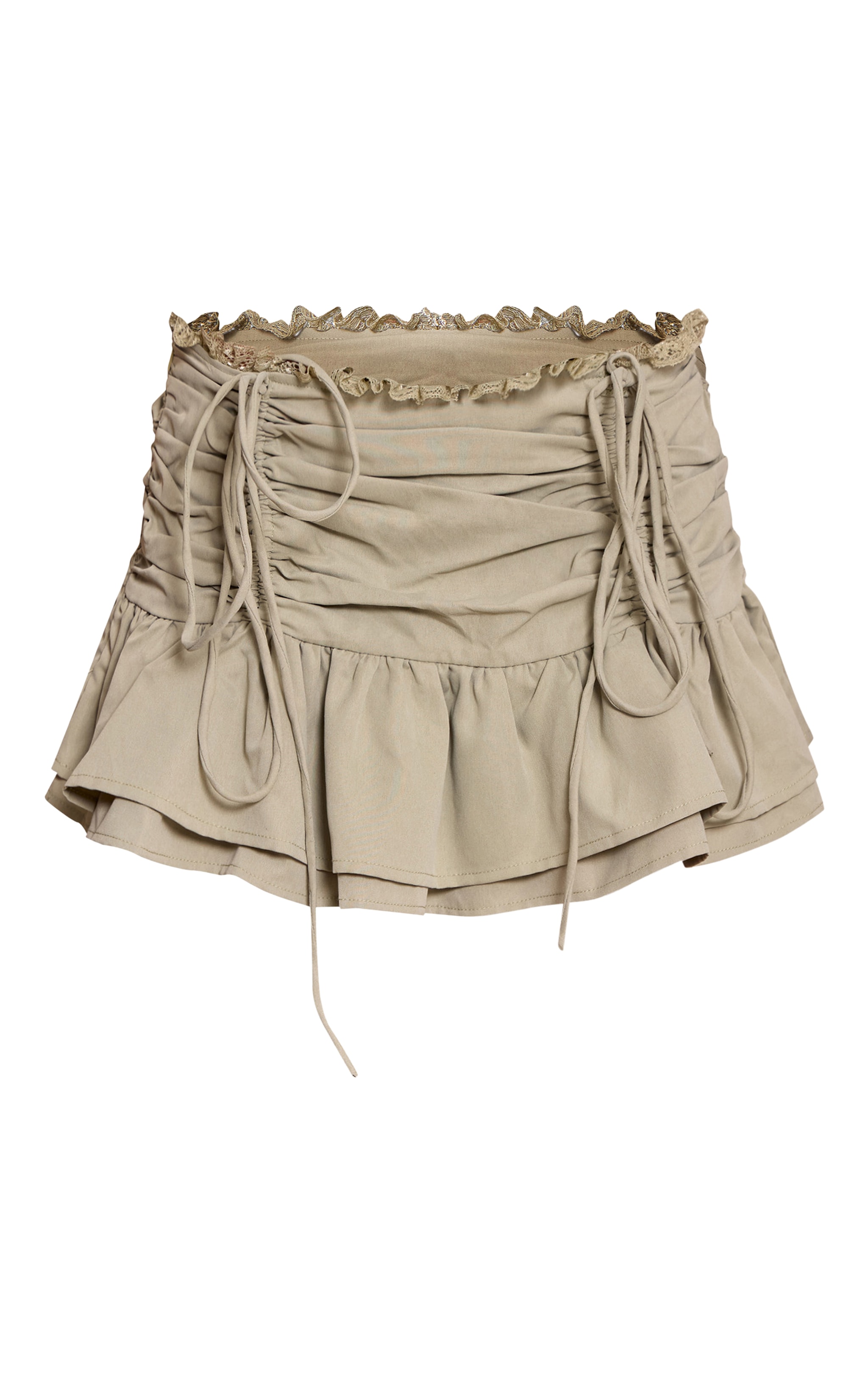 Petite Sage Ruched Front Lace Trim Frill Hem Mini Skirt image 6