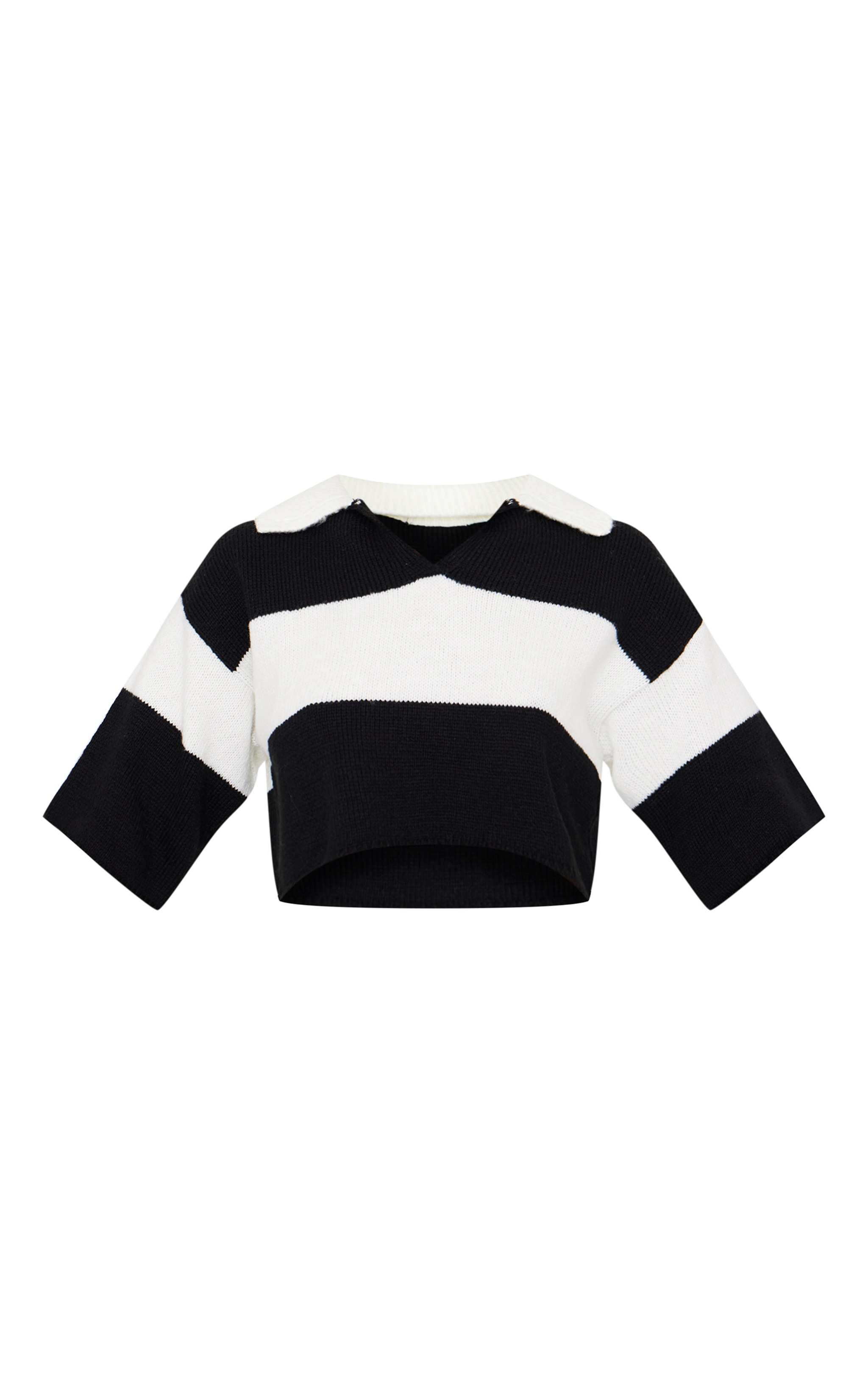 Top style rugby court en maille tricot noire et blanche à col en V et rayures image 5