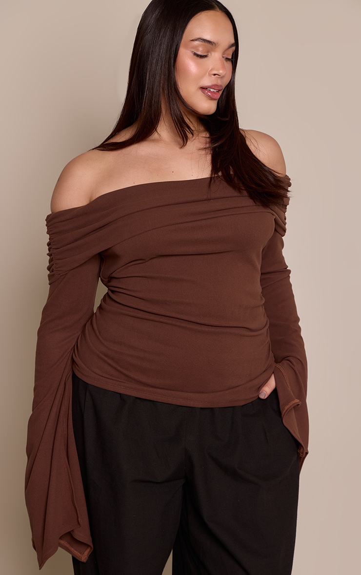 Plus Chocolate Bardot Ruched Side Detail Soft Touch Top image 1