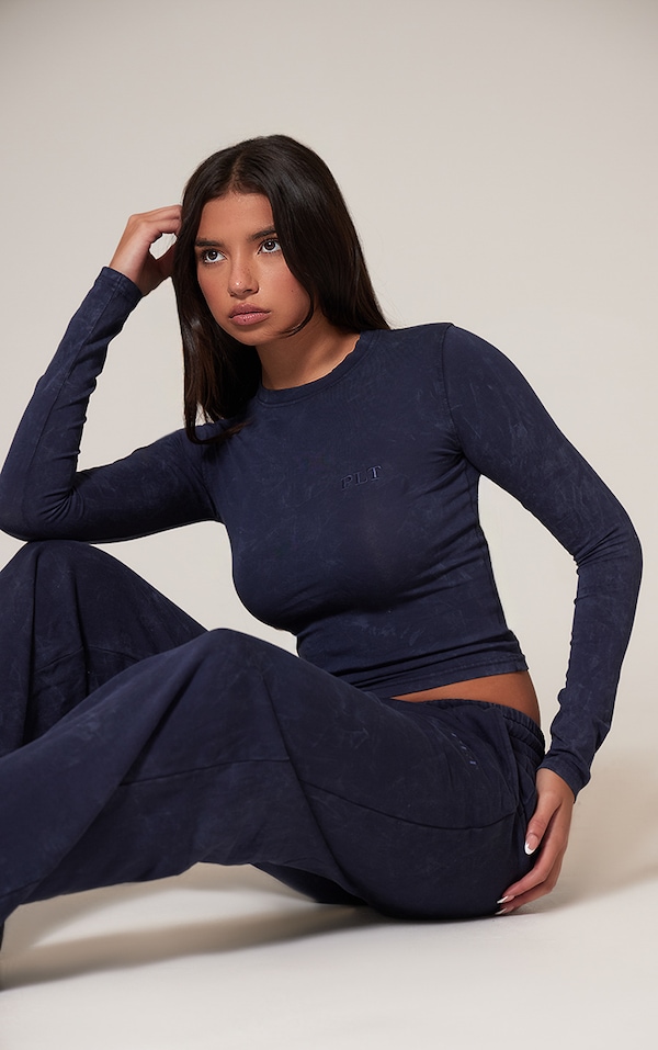 Navy Washed Long Sleeve Fitted T-shirt