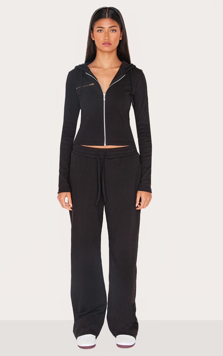 Black Ribbed Low Rise Wide Leg Pants image 1