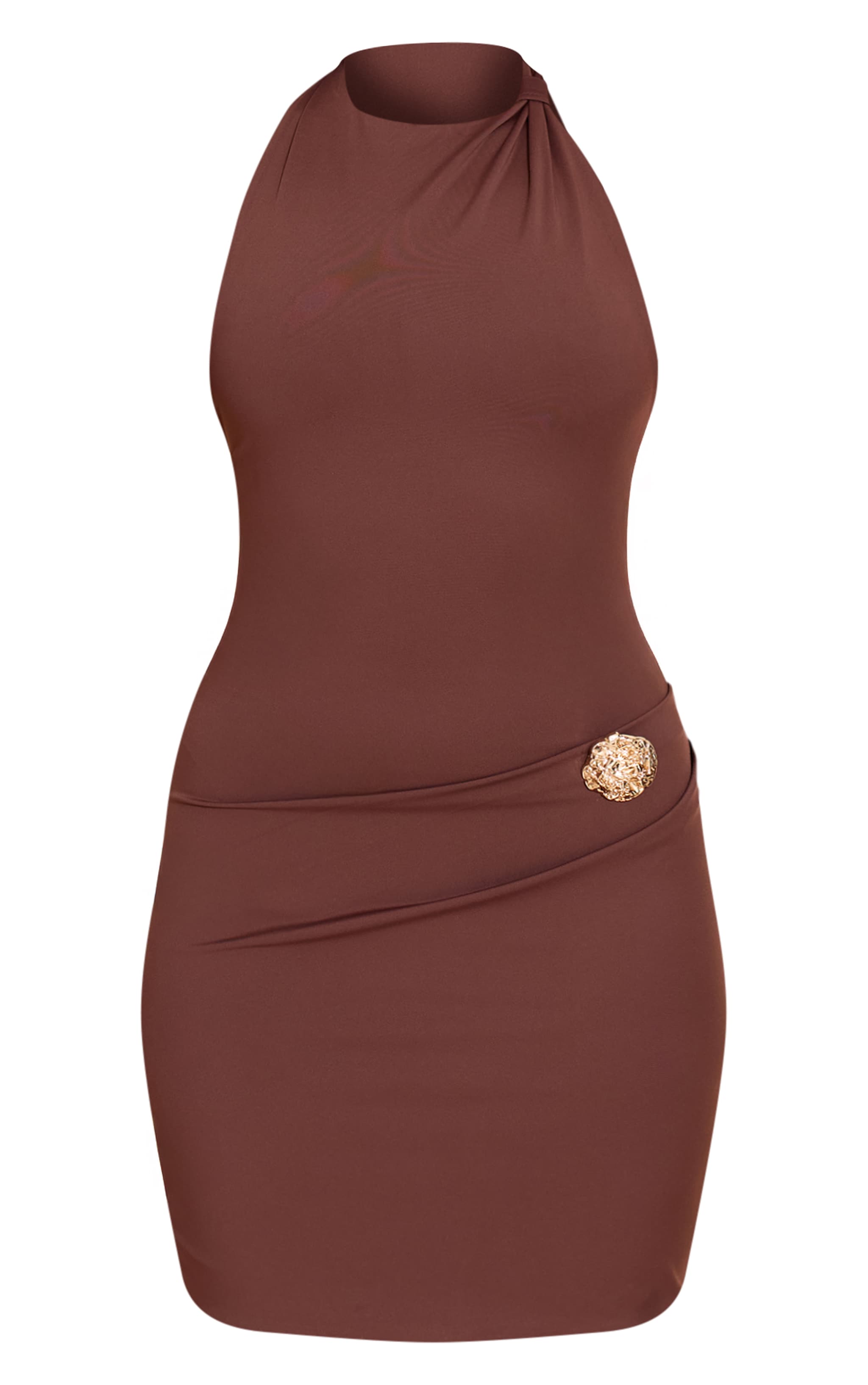 Chocolate Soft Touch Halter Neck Trim Detail Ruched Mini Dress image 5