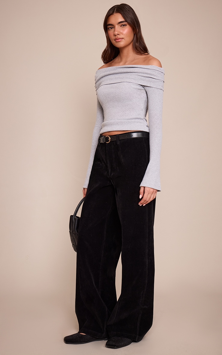 Grey Marl Thick Brushed Rib Extreme Foldover Bardot Detail Long Sleeve Top image 3