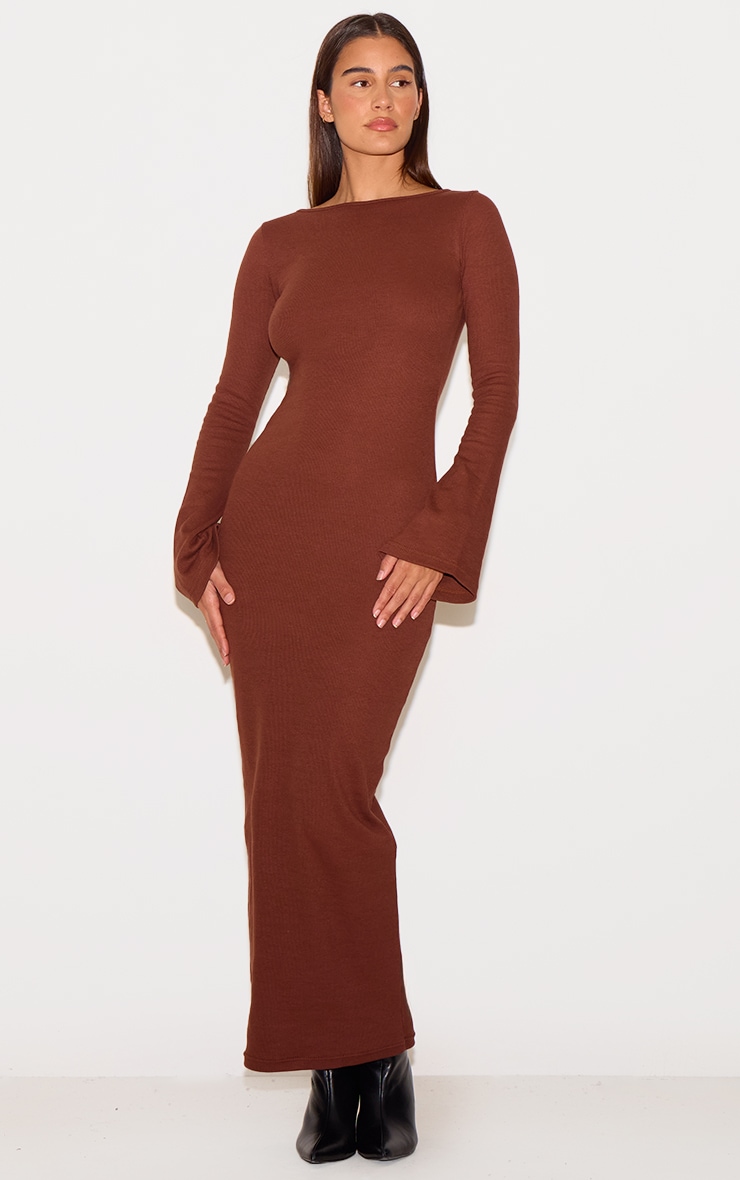 Chocolate Ribbed Boat Neck Long Sleeve Maxi Dress image 3