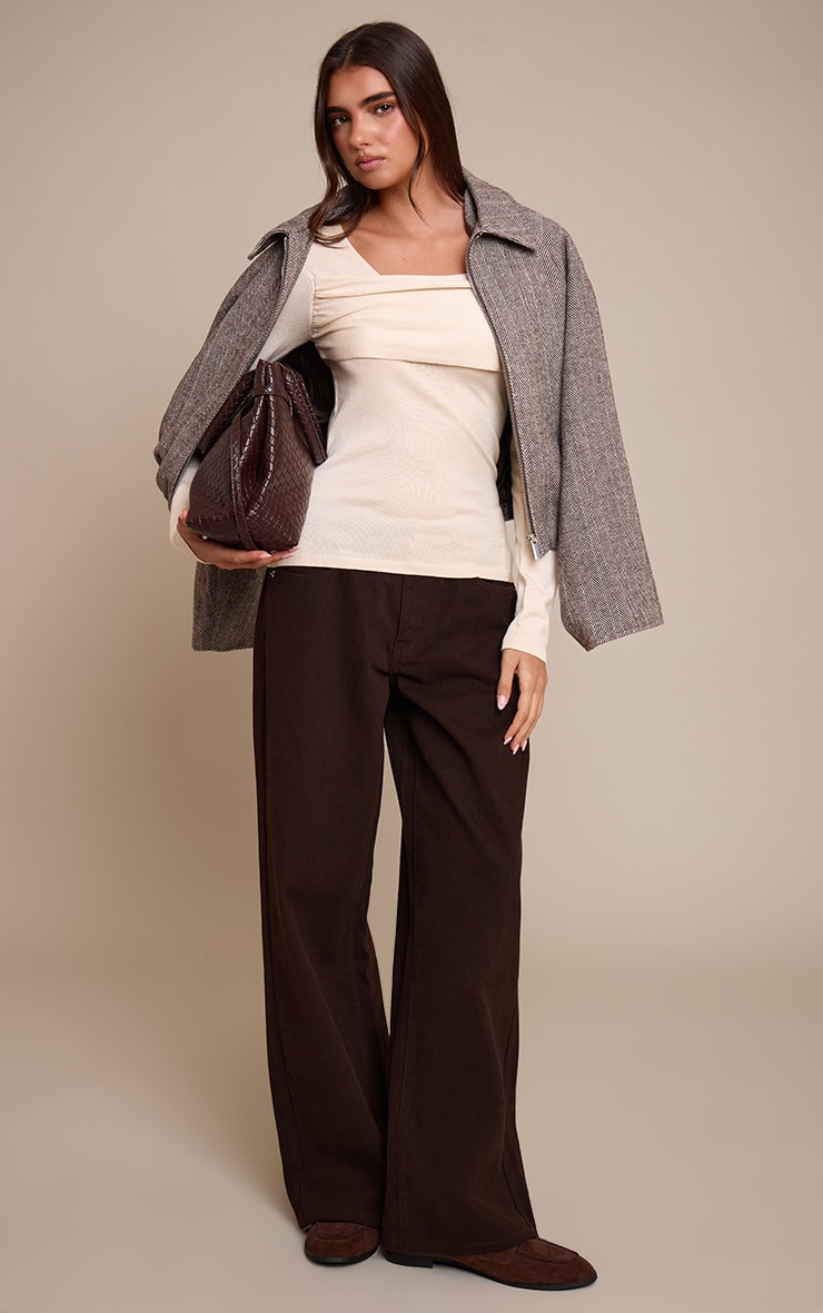 Cream Long Sleeve Asymmetric Shoulder Knitted Top image 3