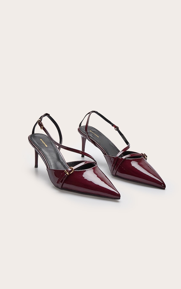 Burgundy Point Toe Buckle Detail Low Heel Courts