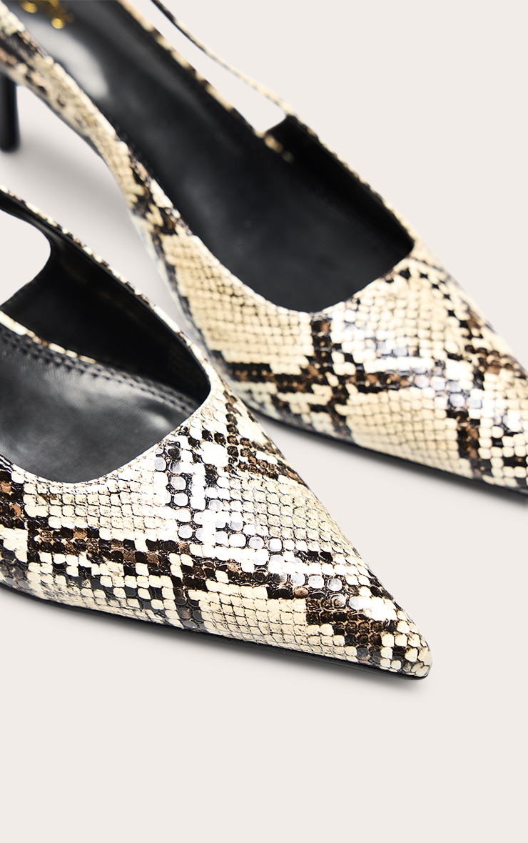 Beige Snake Point Toe Heeled Sling Back image 5
