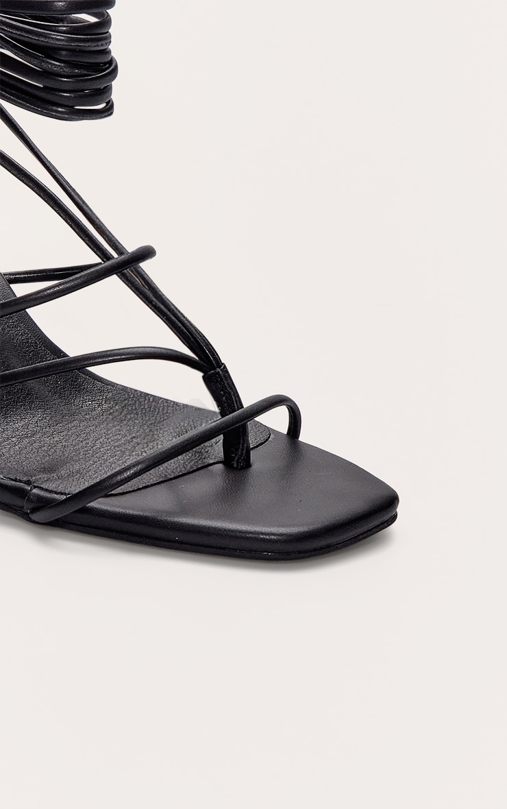 Black Pu Square Toe Thong Strappy Lace Up Block Heeled Sandals image 5