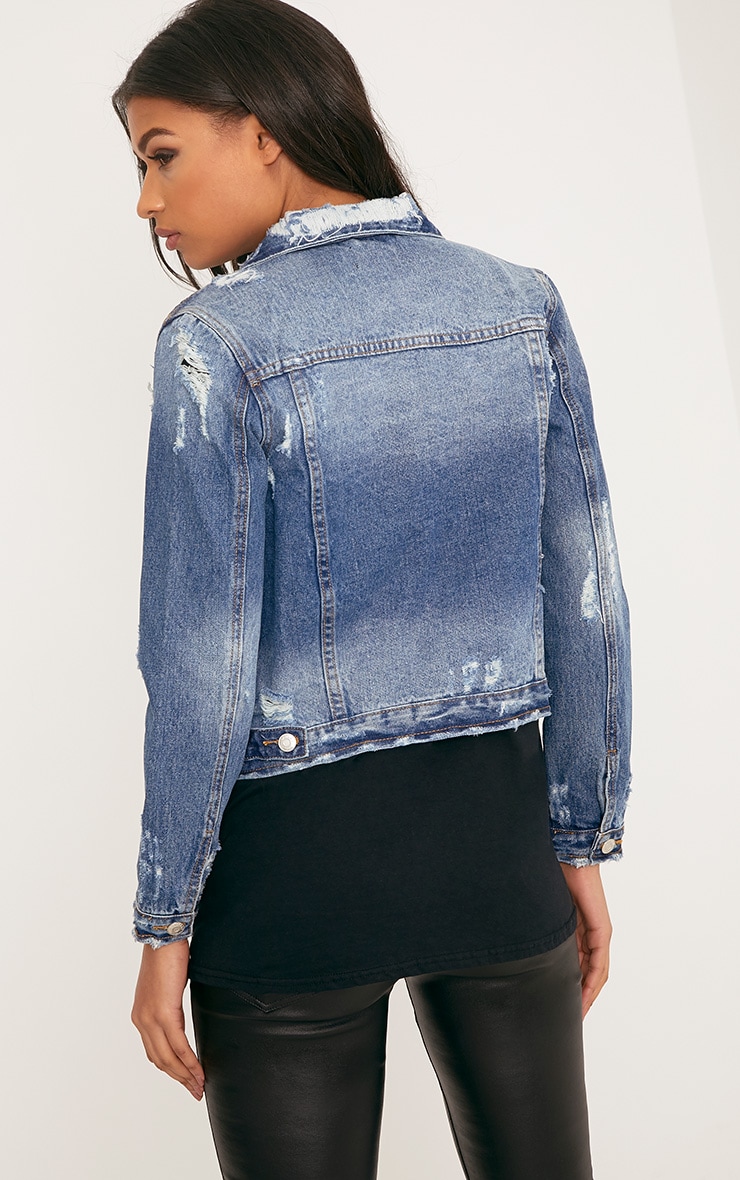 Angee Cropped Mid Wash Distressed Denim Jacket PrettyLittleThing