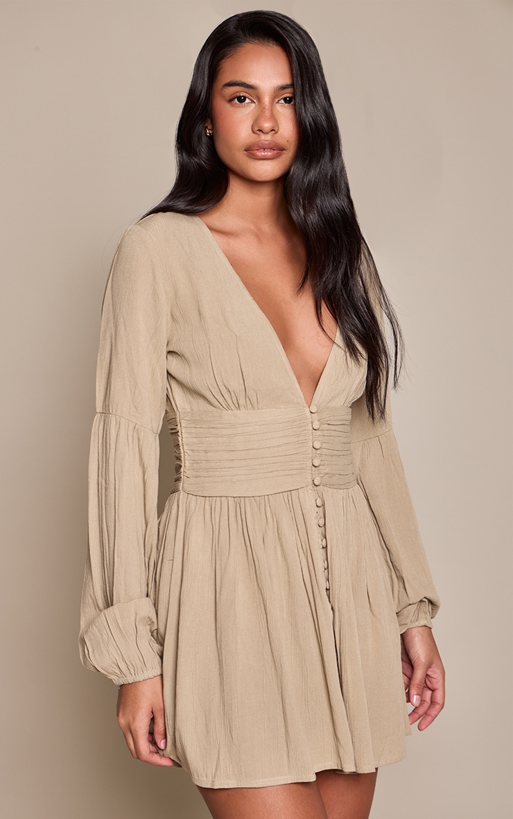 Khaki Crinkle Satin Button Down Flowy Shift Dress