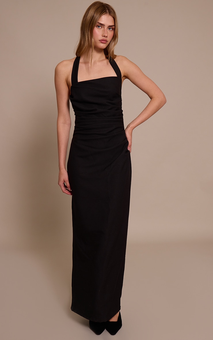 Black Halterneck Ruched Detail Maxi Dress image 3