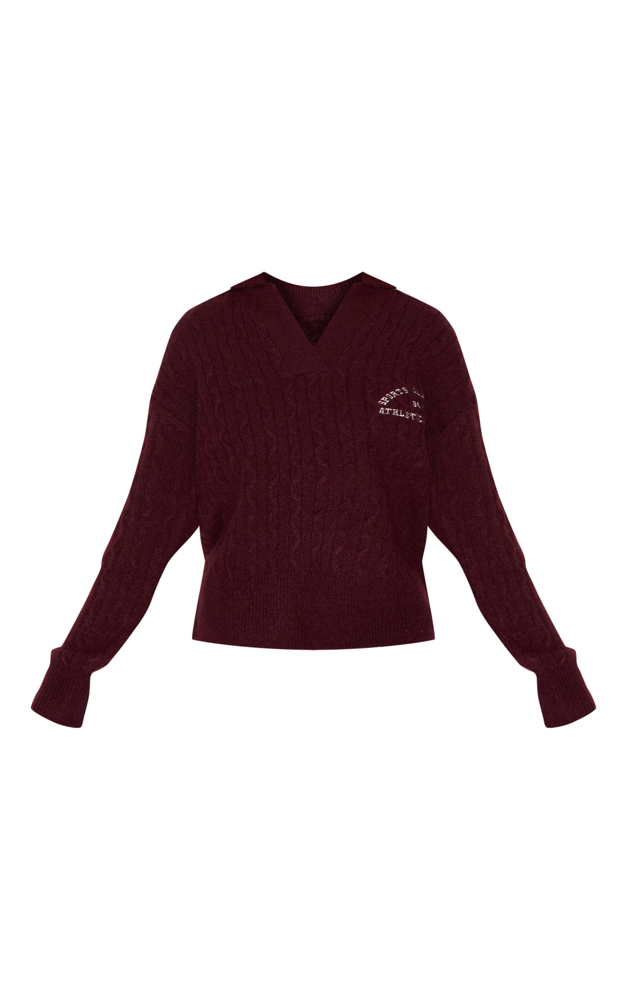 Burgundy Soft Cable Knit Embroidered Collar Detail Oversized Sweater image 5