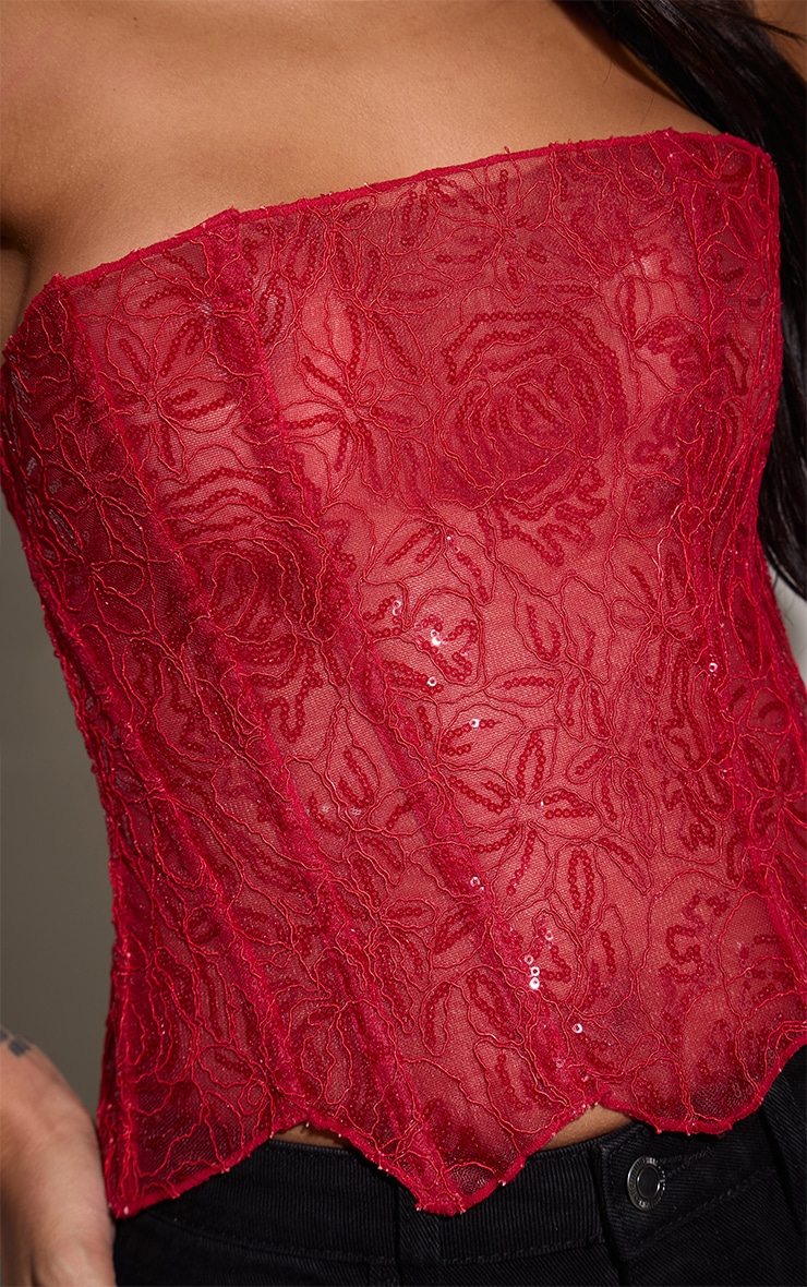 Red Textured Lace Sequin Corset image 4