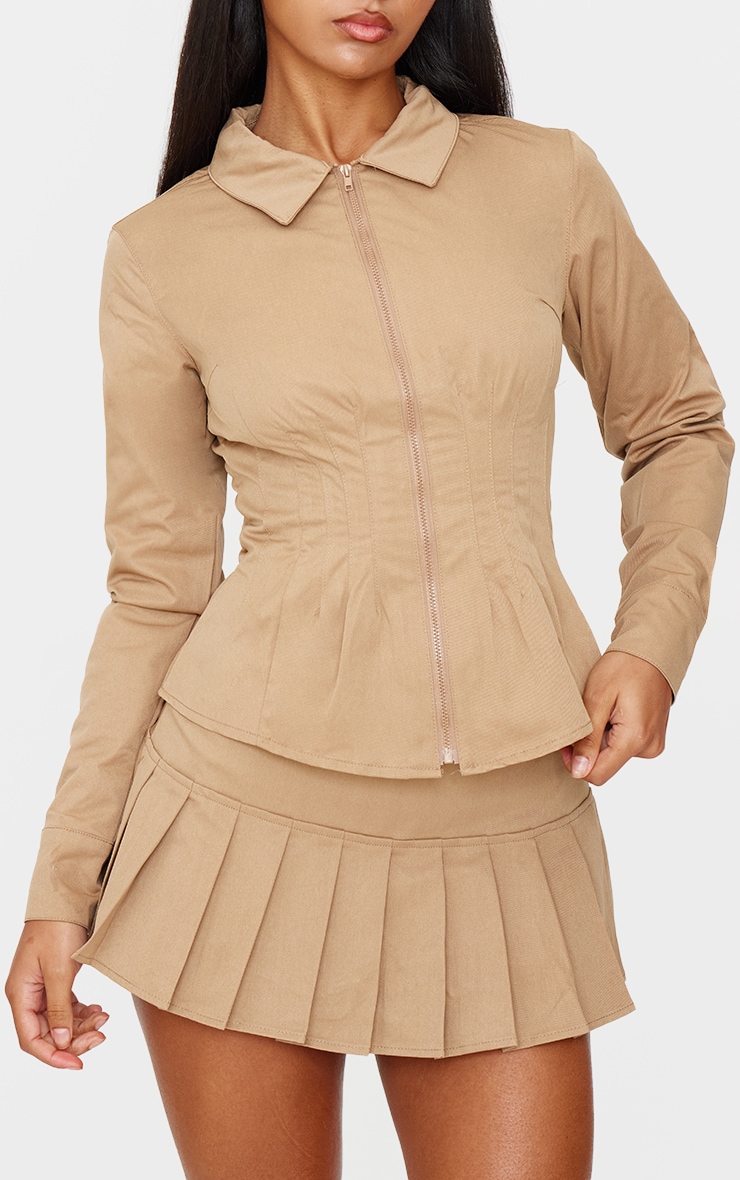 Veste ajustée longue marron clair à zip devant image 4