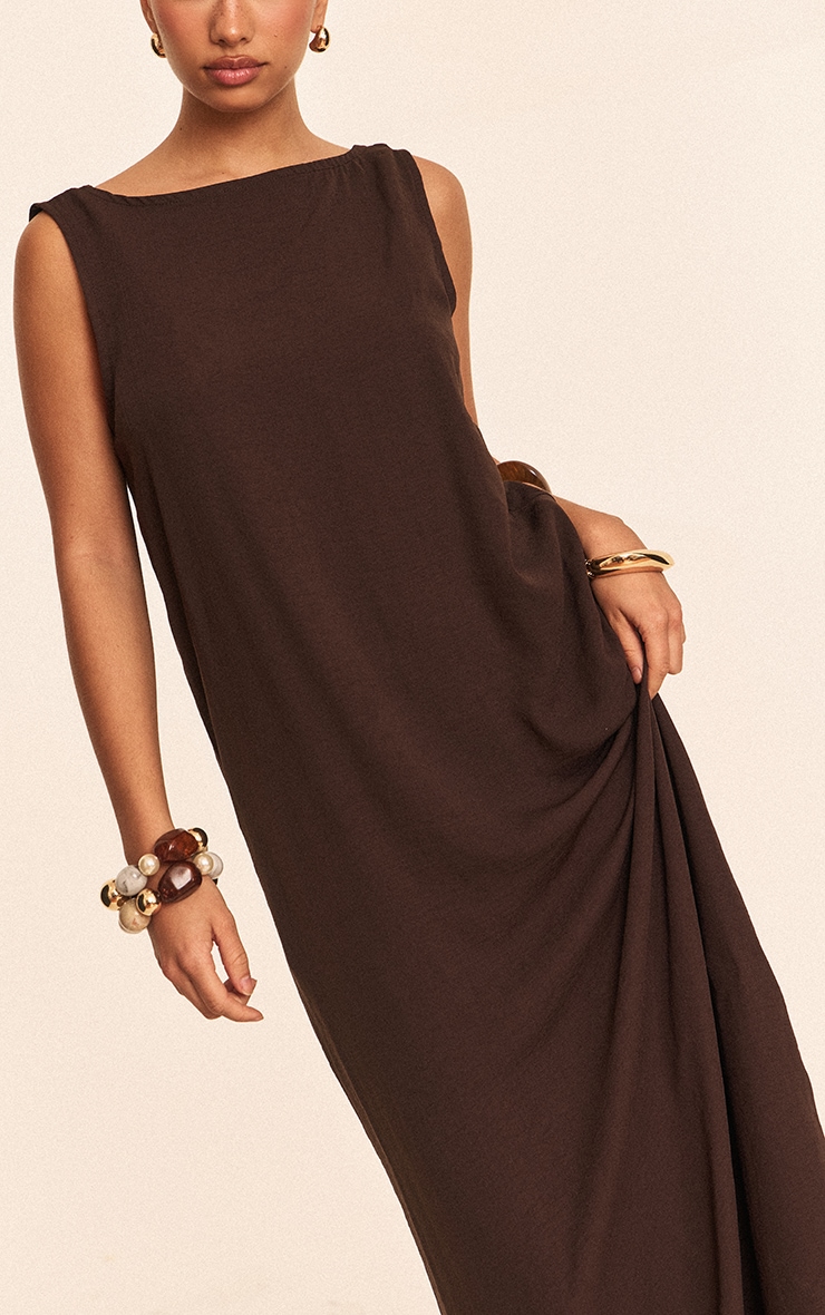 Chocolate Floaty Woven Boat Neck Maxi Beach Dress image 4