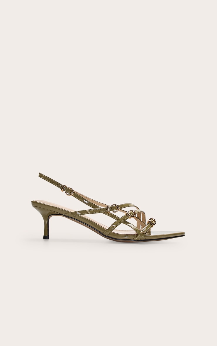 Sandales pointues en PU verni vert olive à petit talon aiguille et brides multiples image 2
