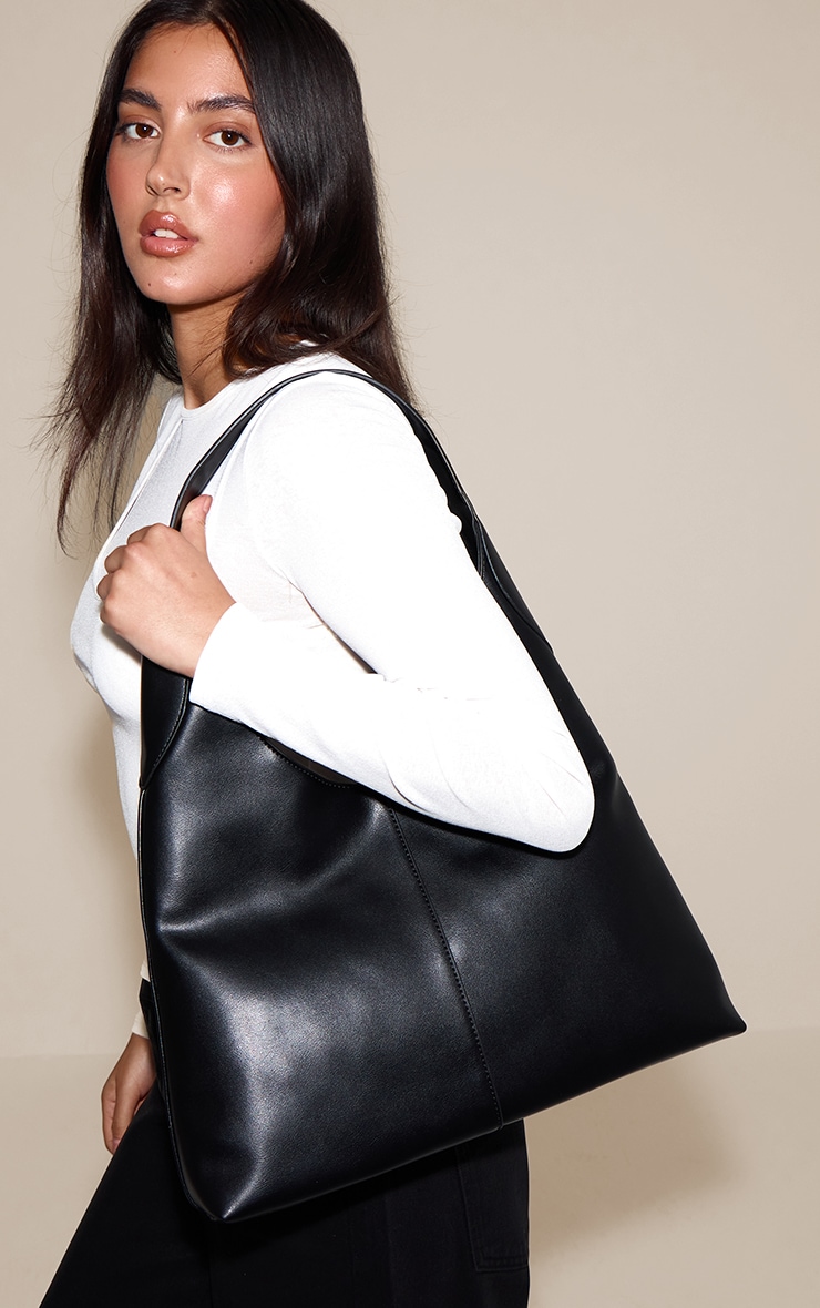 Black Soft PU Seam Detail Tote Bag