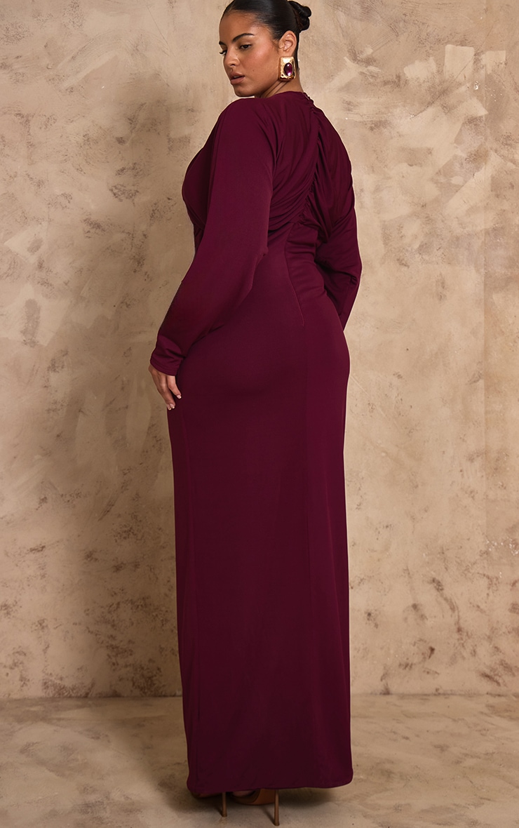 PLT Label Plus Robe longue moulante rouge mûre froncée à manches chauve-souris image 2