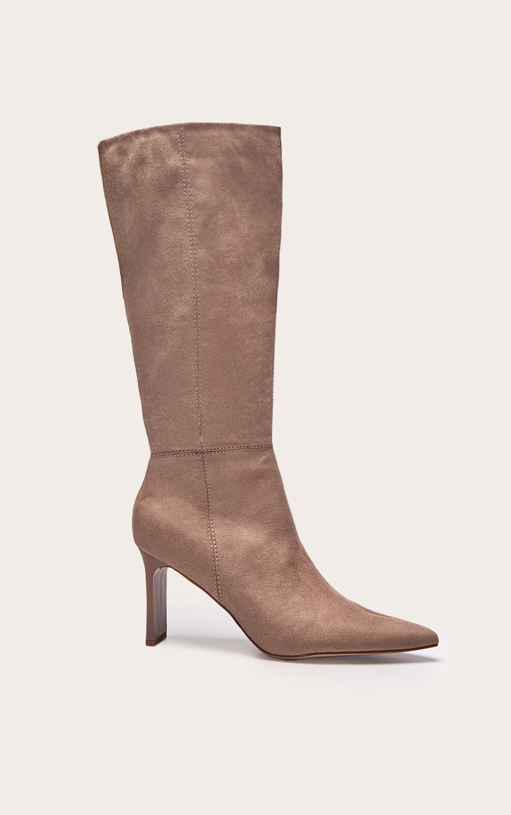 Mushroom Faux Suede Point Toe Thin Block High Heel Knee High Boots image 2
