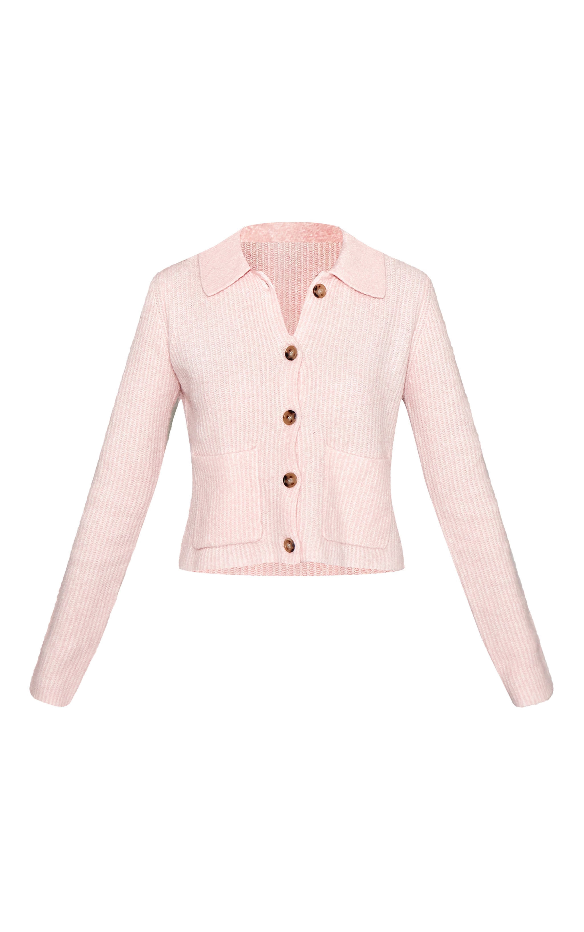 Pink Soft Textured Knit Button Up Collar Detail Cardigan image 5