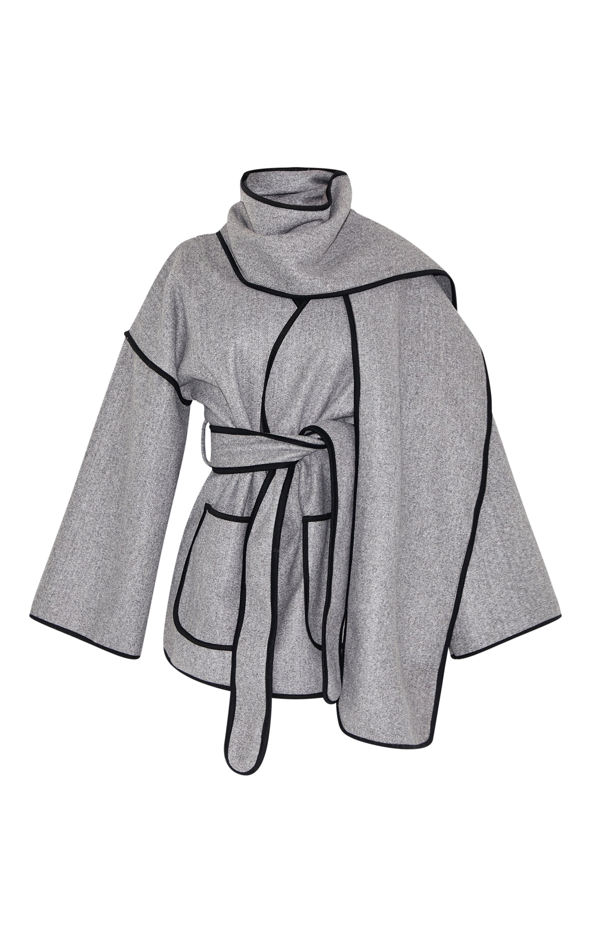 Shape Grey Wool Look Contrast Binding Wrap Over Belted Jacket And Scarf image 5