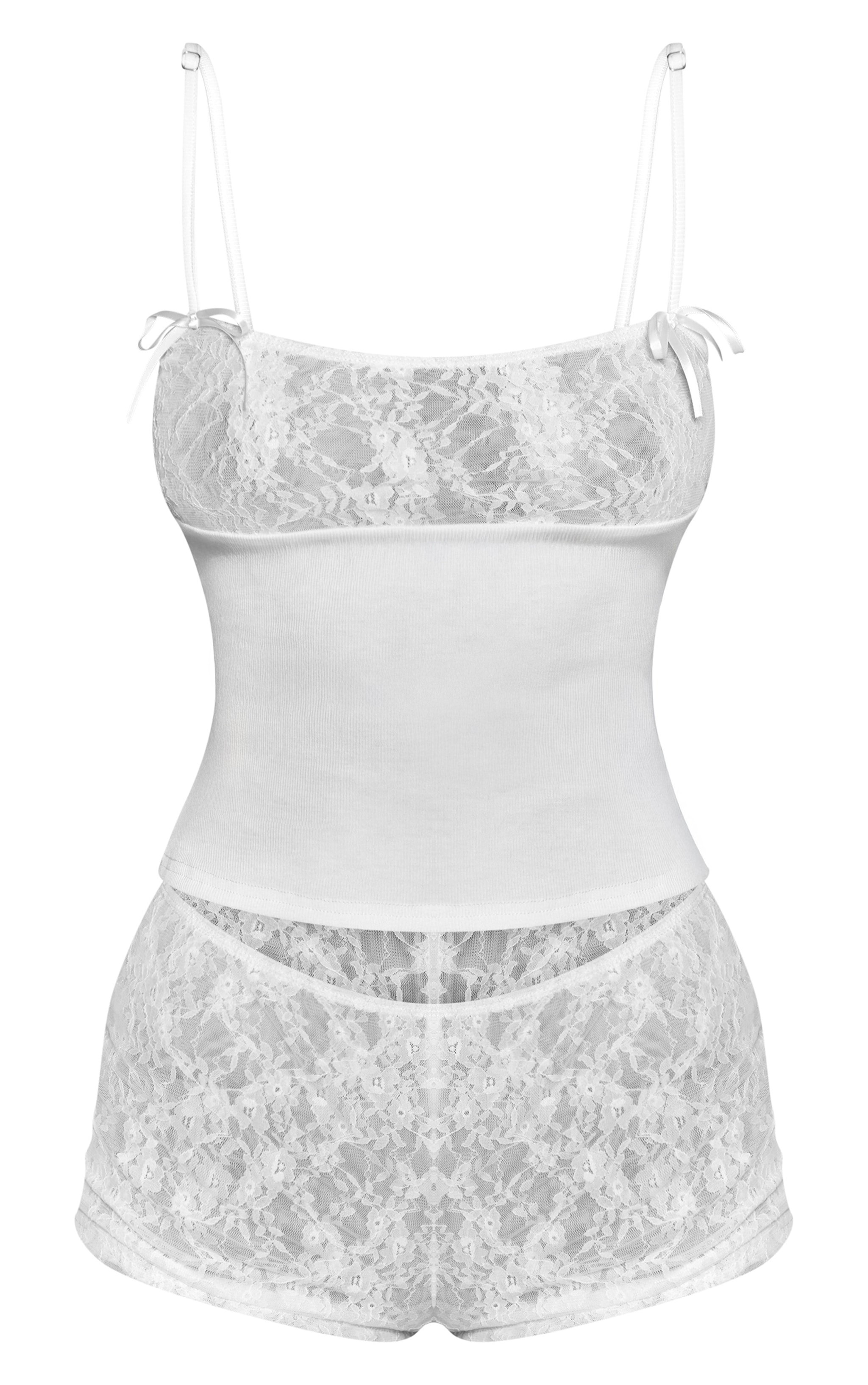 Cream Lace Bust Bow Detail Fitted Pajama Cami & Lace Shorts image 5