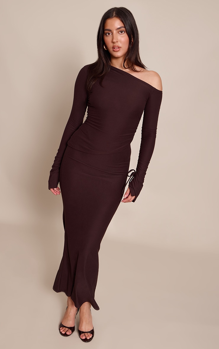 Dark Brown Soft Touch Asymmetric Ruched Long Sleeve Top image 3