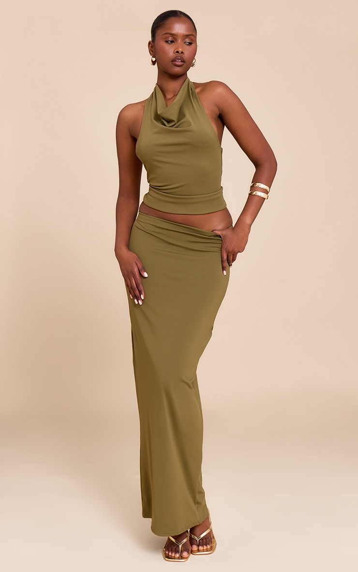 Jupe longue en Sculpt mat vert olive à taille mi-haute image 1